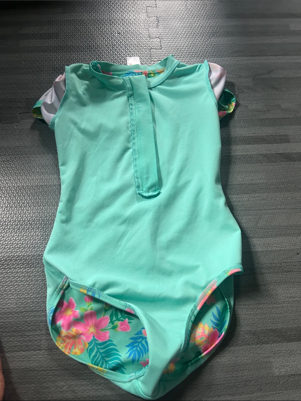 Kids Floral Zip Front Rash Guard Swimsuit - Turquoise - Picture 5 of 6